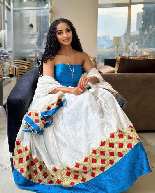 Refined Habesha Kemis Designed with Radiant Ethiopian Craftsmanship