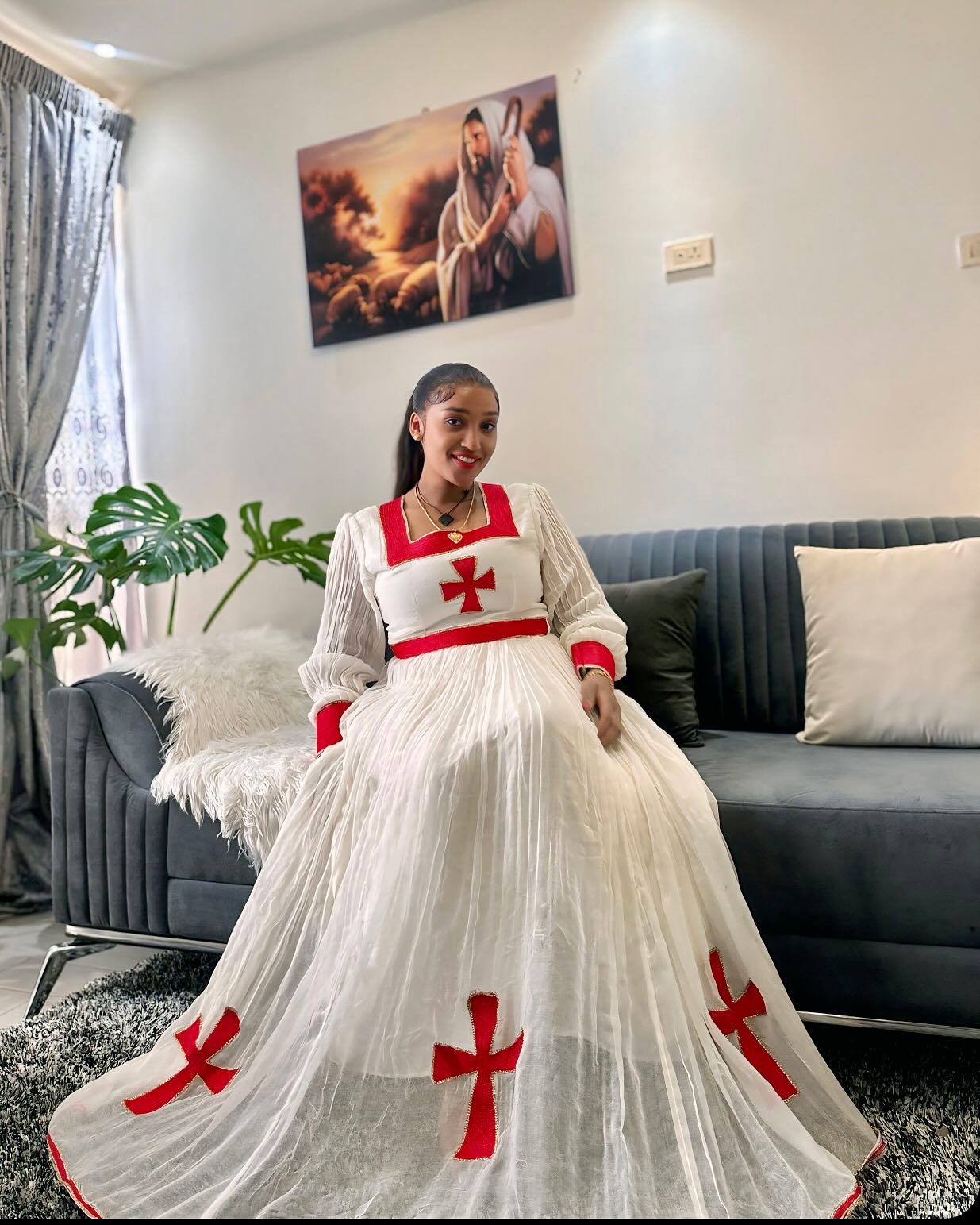 Long-Sleeve Red Cross habesha kemis Stunning Traditional Ethiopian Dress