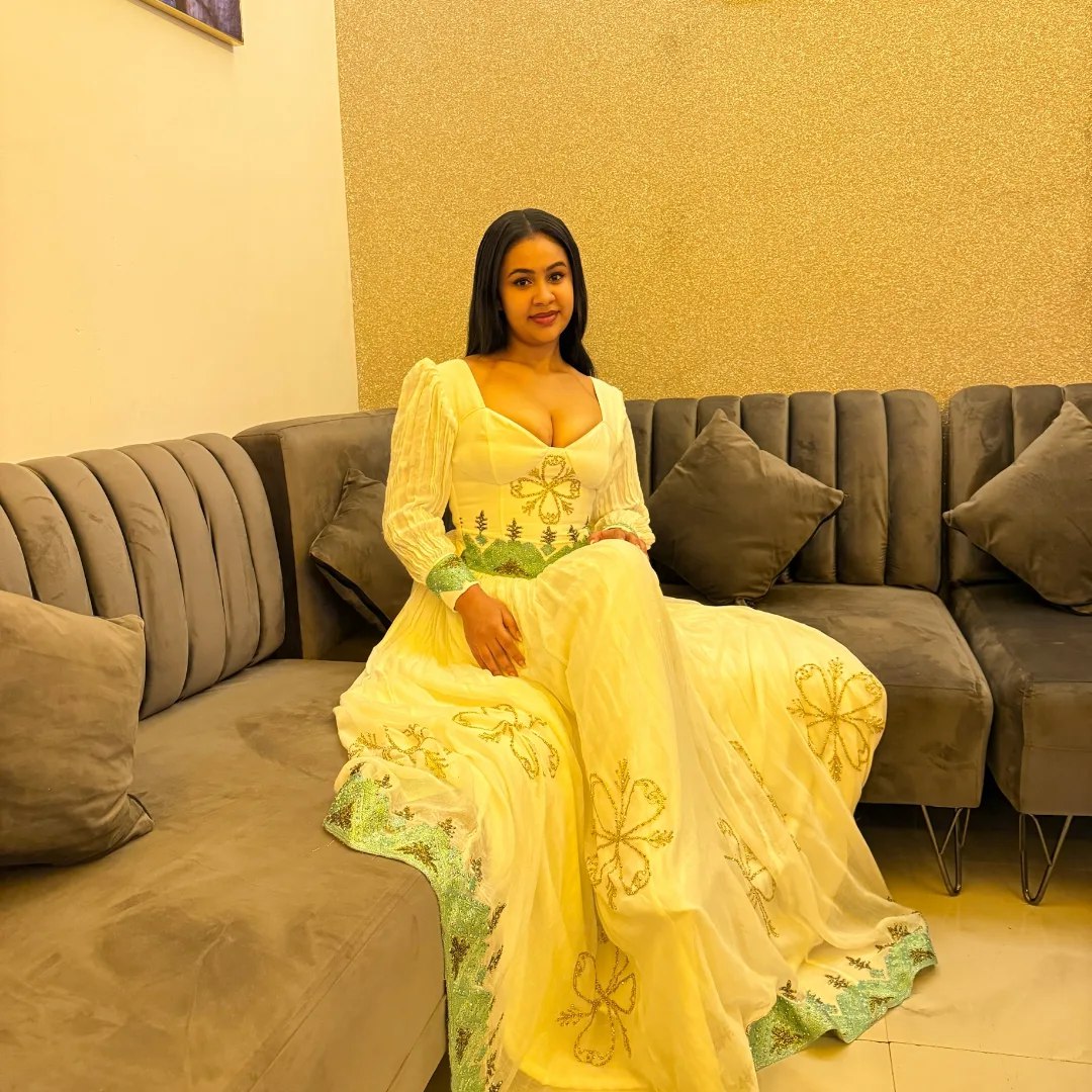 Green Woven Habesha Dress Long Sleeve Habesha Kemis Traditional Ethiopian Clothing 349