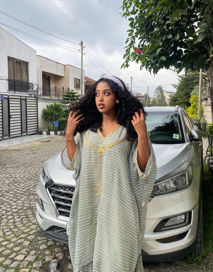 Gold Embroidery Accent Habesha Kemis White Stripe Habesha Dress Simple Design Ethiopian Dress 365