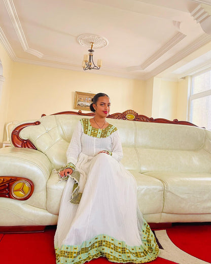 Traditional Ethiopian Clothing Design Green And Gold Woven Habesha Kemis Festive Habesha Dress 367