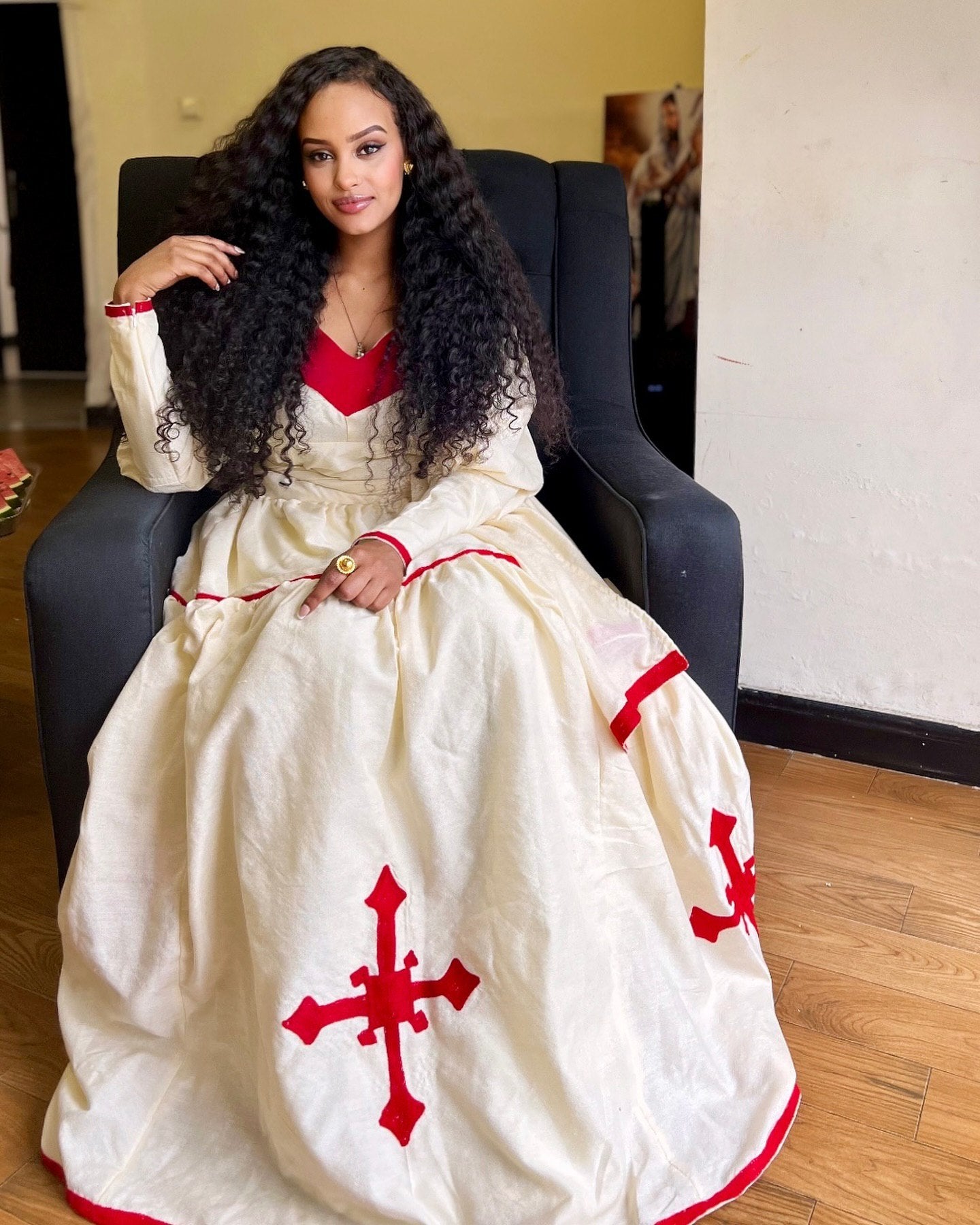 Habesha Kemis Online Ethiopian Clothing with Red Embroidery Cross Design