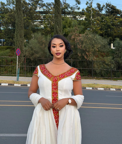 Habesha Kemis With Red Embroidery Short Sleeve Habesha Dress Ethiopian Dress For Festive 390