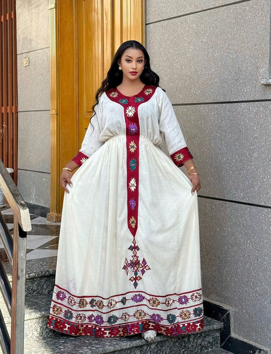 Habesha Dress Ethiopian Dress Long Sleeve Red Embroidery Kemis