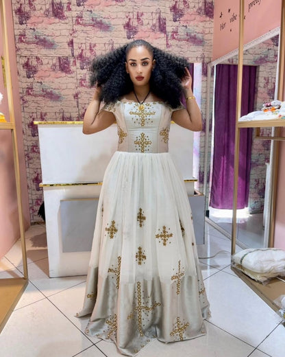 Off-shoulder Habesha Kemis Ethiopian Wedding Dress Beautiful Habesha Dress 406