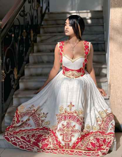 Sleeveless Habesha Dress Red & Gold Embroidery Habesha Kemis Ethiopian Clothing Style