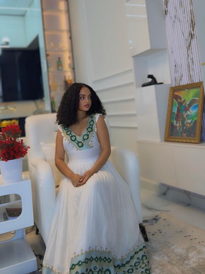 Sleeveless Habesha Kemis Green and Gold Embroidery Habesha Dress Ethiopian Dress Design 409