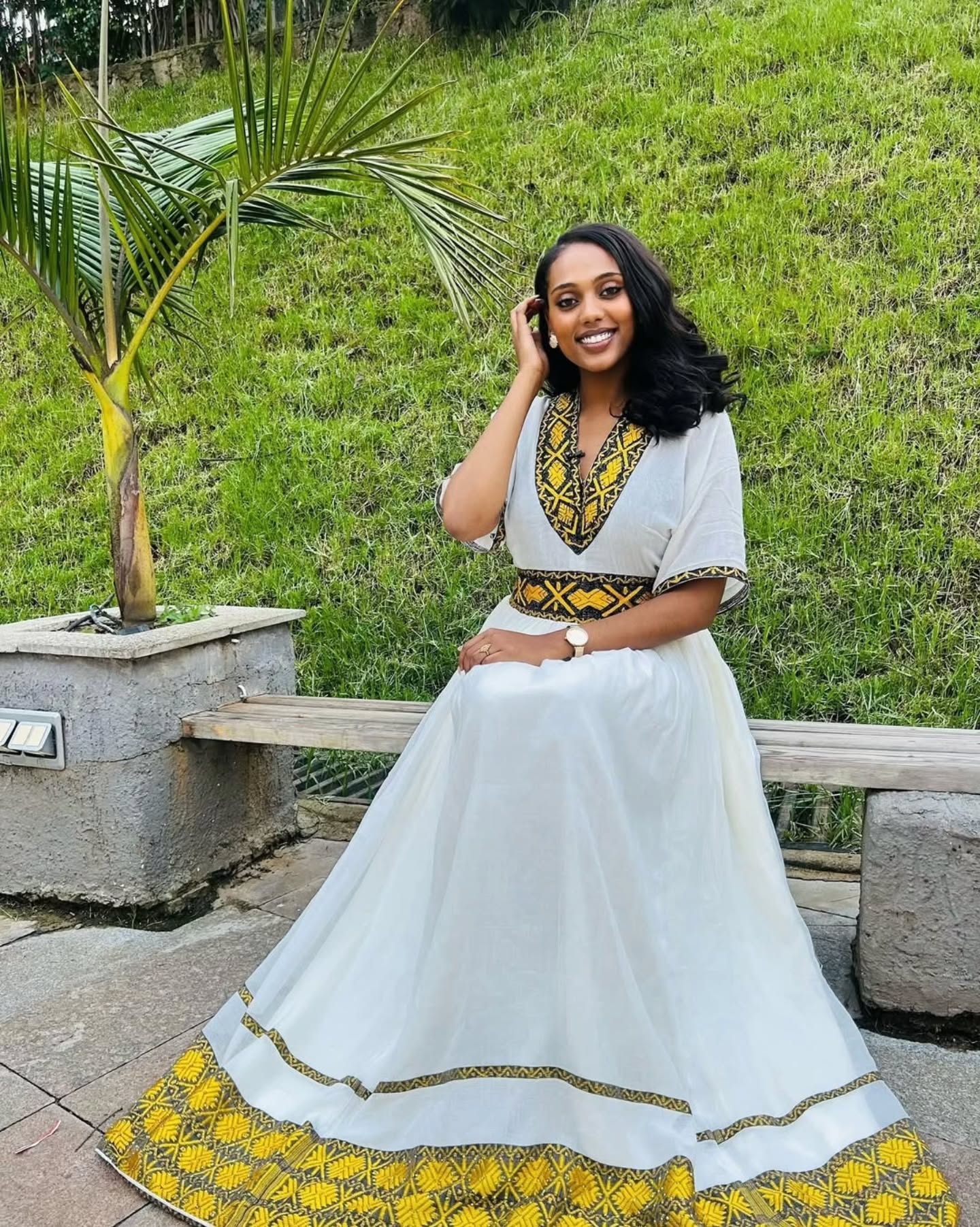 V-Neck Habesha Kemis with Yellow Weaving Traditional Ethiopian Dress Crafted from Authentic Habesha Cloth