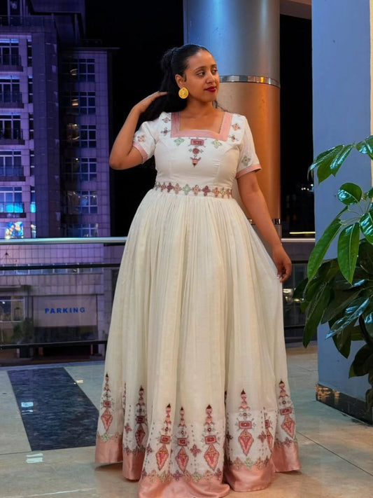 Short Sleeve Habesha Dress with Pink Embroidery A Graceful Cultural Design Rooted in Traditional Ethiopian Dress Elegance