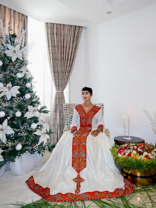 Habesha Dress with Traditional Embroidery and Flowing Design