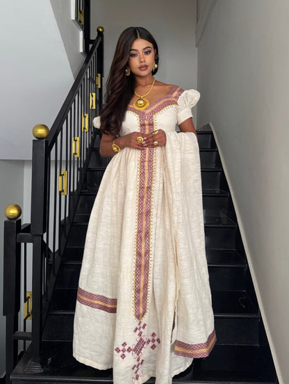 Habesha Dress with Elegant Embroidery and Ivory Finish