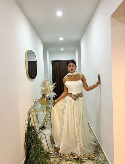 Strapless White Habesha Dress with Timeless Elegance