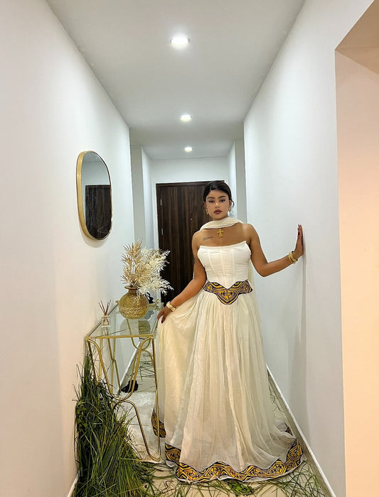 Strapless White Habesha Dress with Timeless Elegance