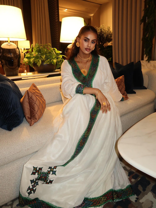 Long Sleeve Habesha Dress with Green Woven Design