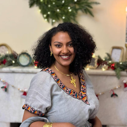 Modern Ethiopian Clothing Elegance Ash Tone Habesha Kemis Short Sleeve Habesha Dress 446