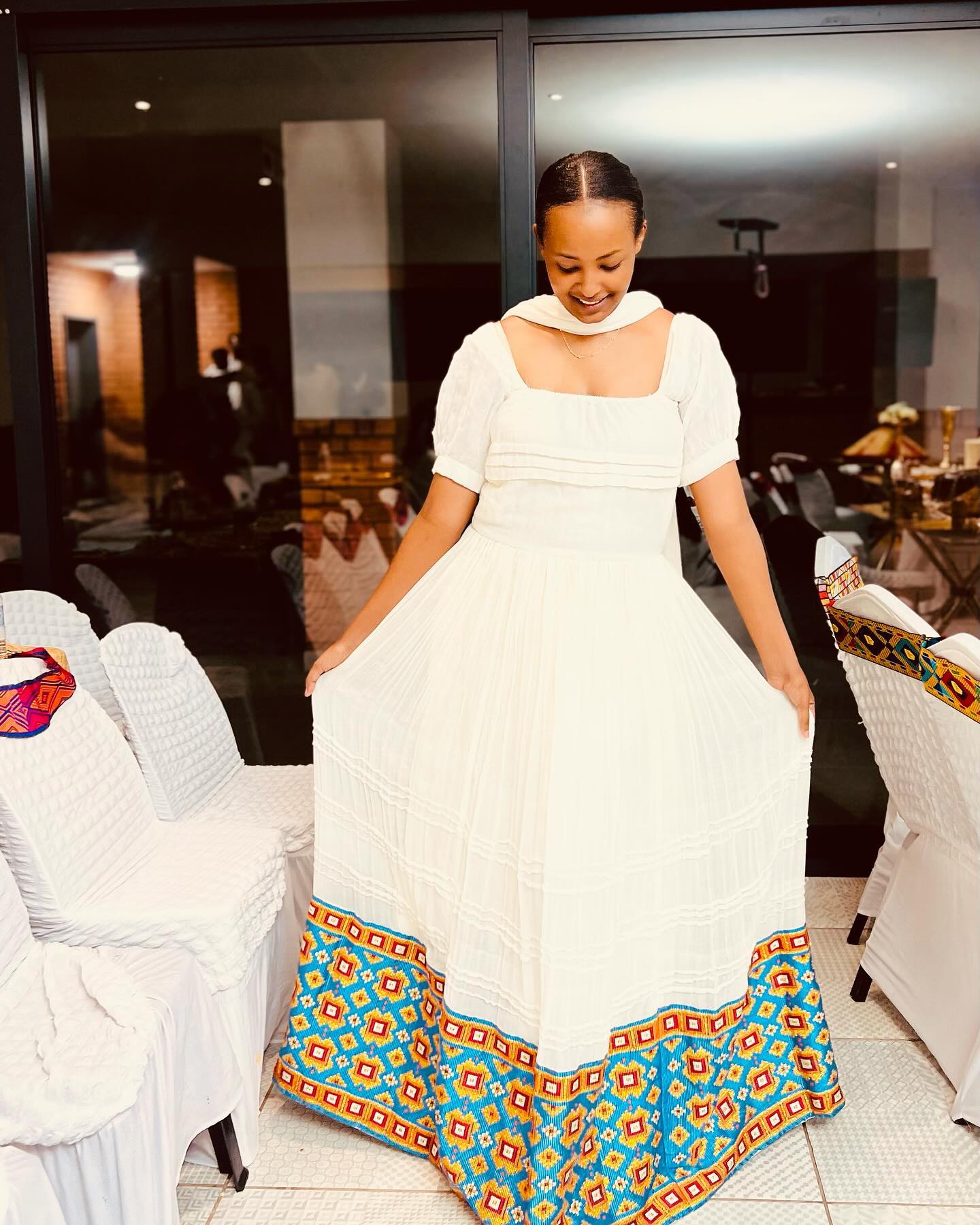 Elegant White Habesha Kemis Traditional Habesha Dress with Colorful Hem Detail Ethiopian Dress 449