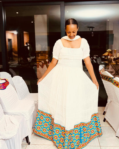 Elegant White Habesha Kemis Traditional Habesha Dress with Colorful Hem Detail Ethiopian Dress 449
