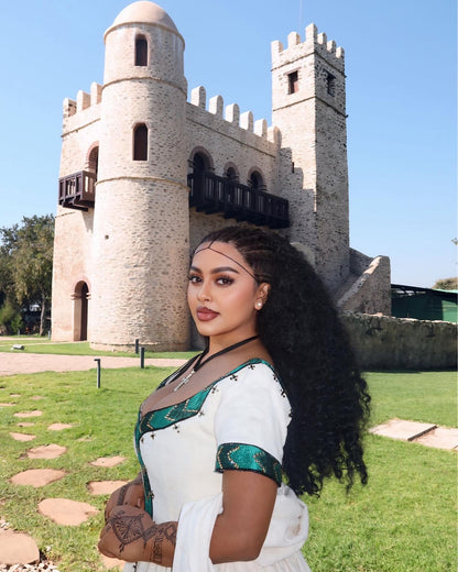 Short Sleeve Habesha Kemis Green Embroidery Habesha Dress Ethiopian Traditional Dress 462