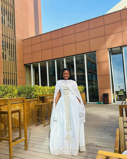 Traditional Ethiopian Dress For Event Short Sleeve Habesha Kemis Golden Embroidery Habesha Dress 468