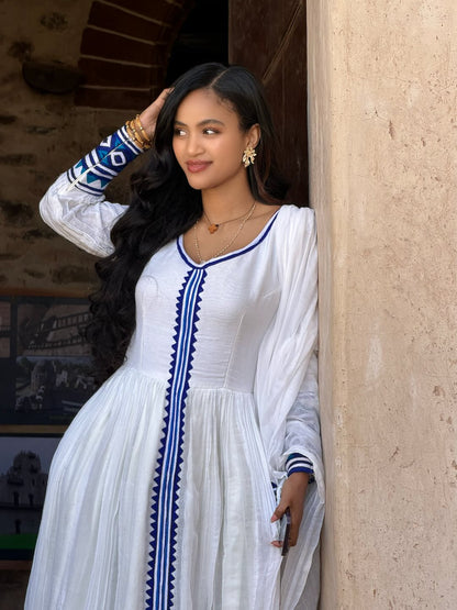 Long Sleeve Habesha Dress Habesha Kemis with Blue Woven Detail Ethiopian Dress Style 470