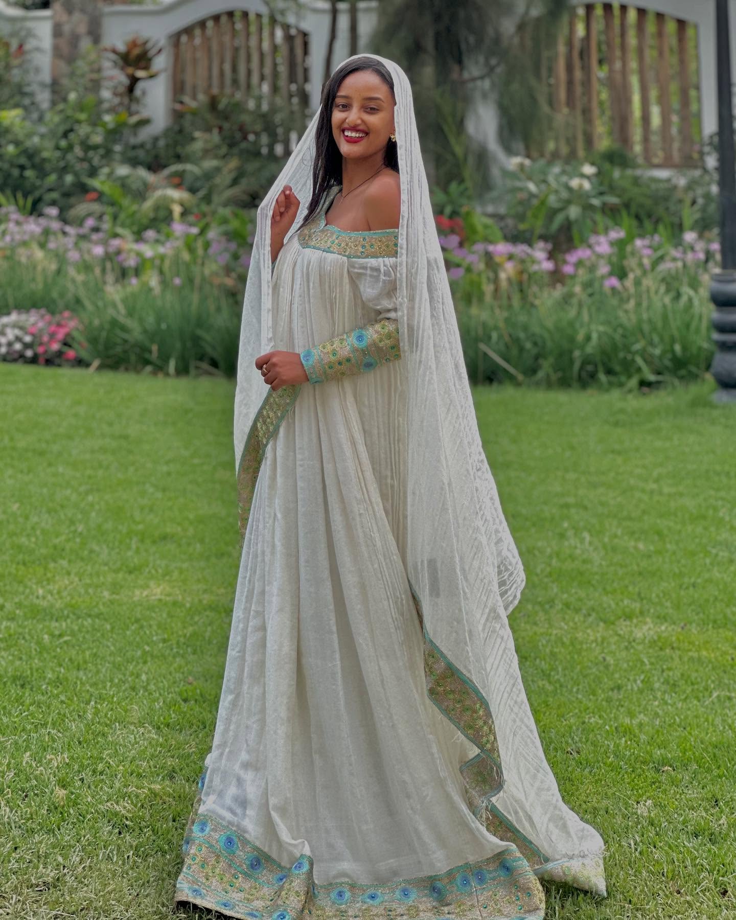 Habesha Kemis With Long Sleeve Green And Blue Border Habesha Dress Stylish Ethiopian Dress 472