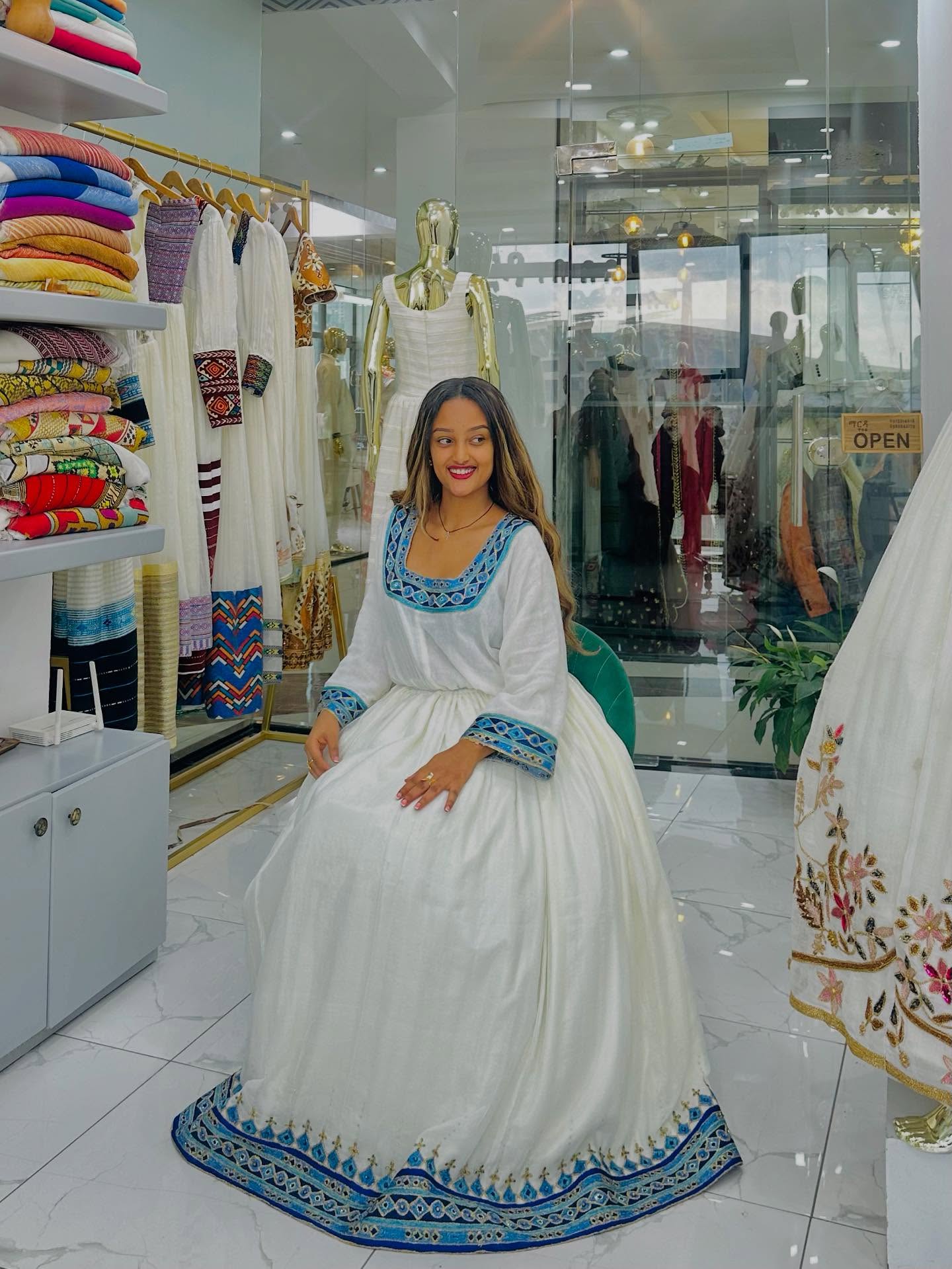 Traditional Ethiopian Dress with Blue Embroidery Habesha Kemis