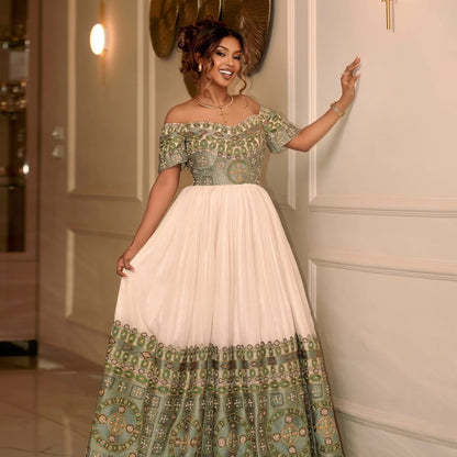 Habesha Kemis With Green Embroidery Traditional Ethiopian Wedding Dress Luxurious Habesha Dress 485