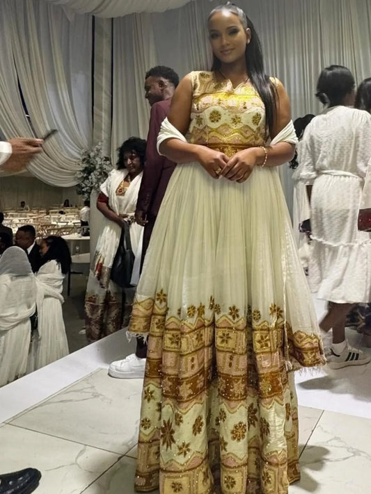 Sleeveless Habesha Wedding Dress with Multicolor Embroidery