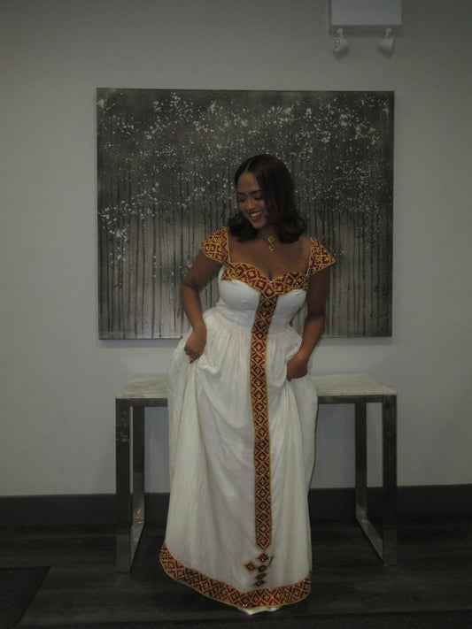 Golden and Red Short Sleeve Habesha Kemis with Cultural Embroidery