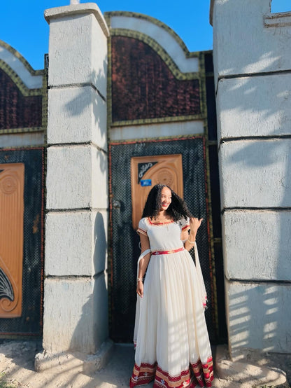 White Habesha Kemis with Red Embroidery Traditional Ethiopian Dress Cultural Habesha Dress 490