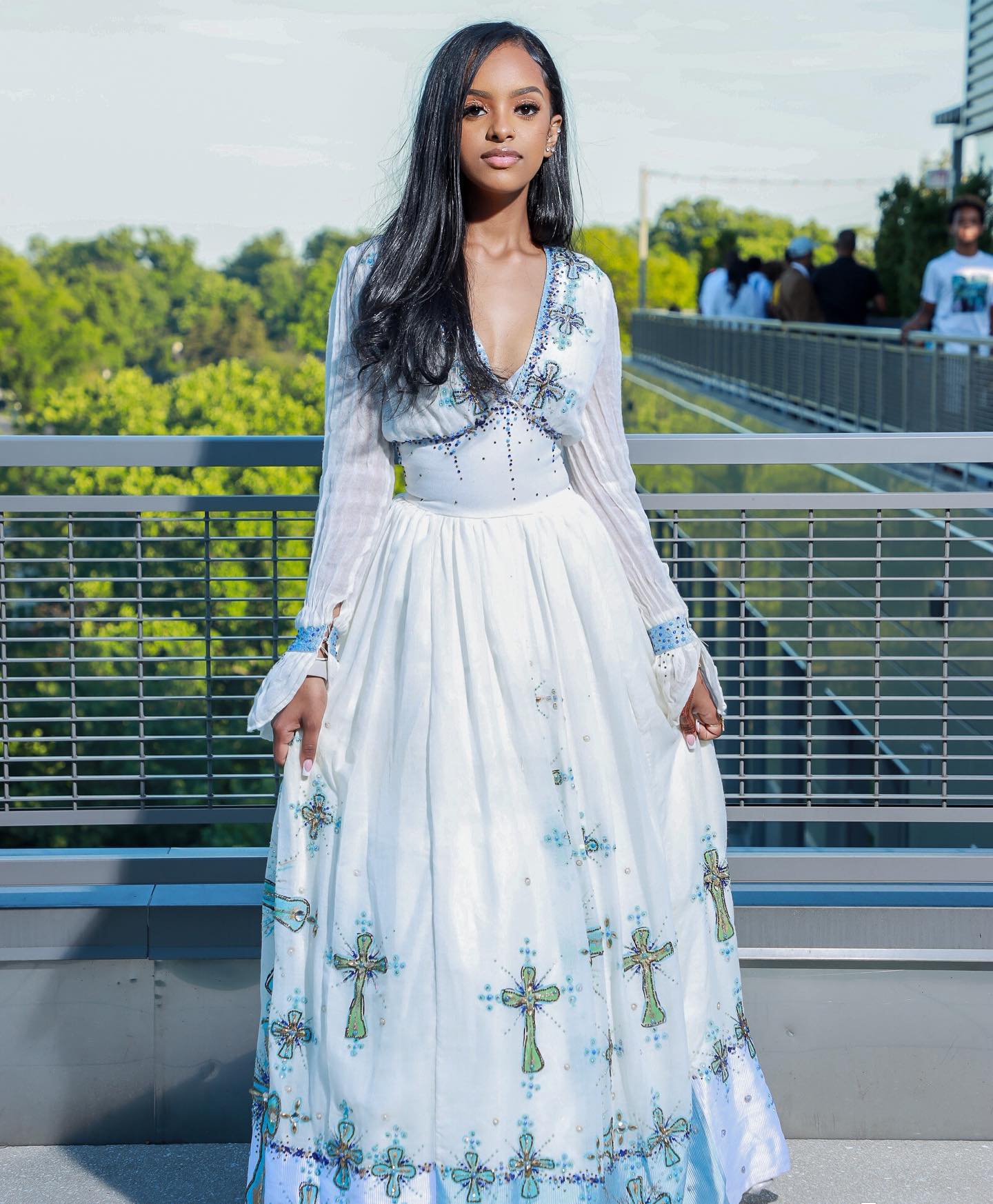 White Habesha Kemis with Blue Embroidery Traditional Style