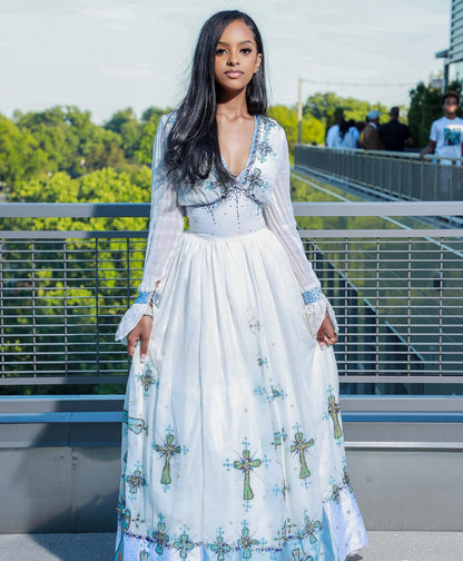 White Habesha Kemis with Blue Embroidery Traditional Style