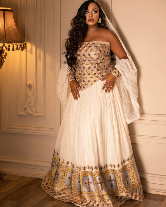 Off-Shoulder Habesha Wedding Dress Golden Embroidery