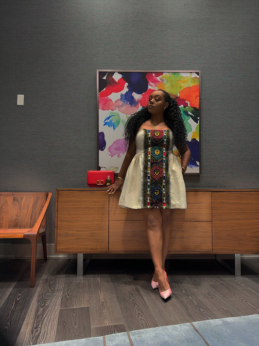 Sleeveless Habesha Kemis with Multicolor Embroidery Ethiopian Traditional Dress