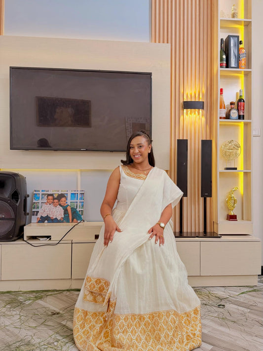 Sleeveless Golden Woven Habesha Dress Ethiopian Traditional Clothing