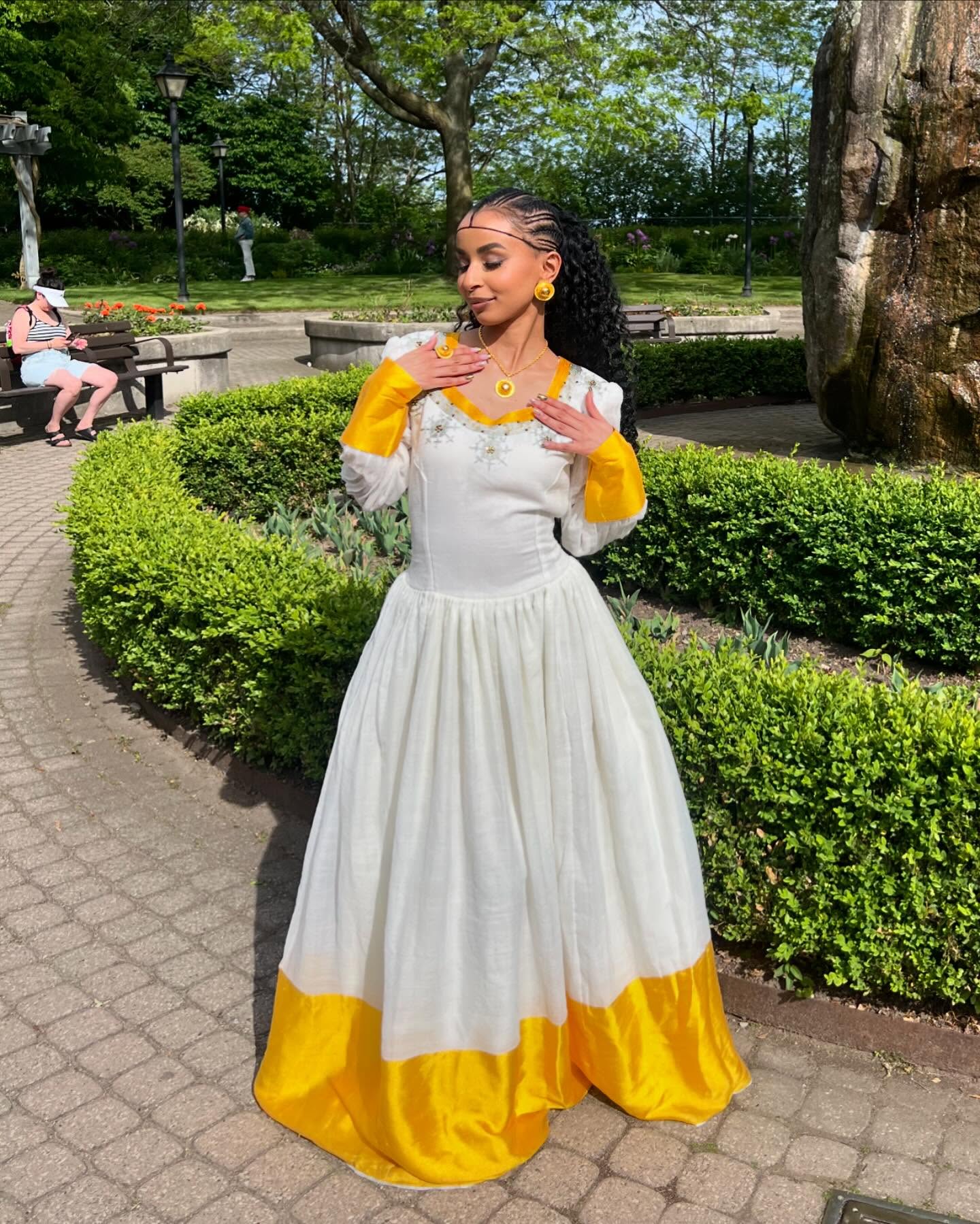Yellow Woven Habesha Dress with Long Sleeves Elegant Habesha Kemis Traditional Ethiopian Dress