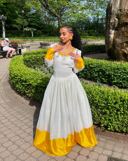 Yellow Woven Habesha Dress with Long Sleeves Elegant Habesha Kemis Traditional Ethiopian Dress