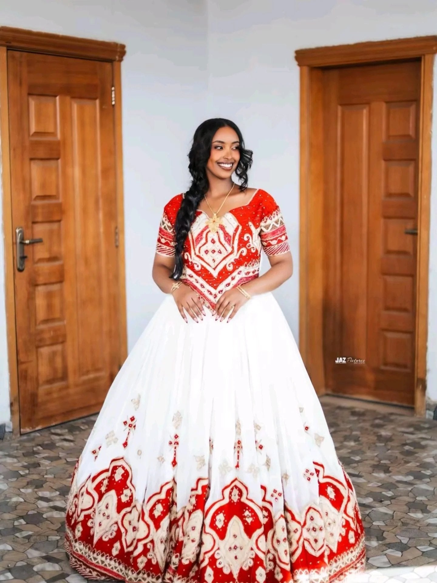 Red Embroidery Habesha Kemis Ethiopian Wedding Dress