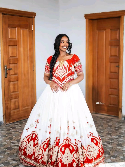 Red Embroidery Habesha Kemis Ethiopian Wedding Dress