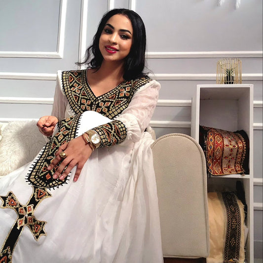 Golden & Black Habesha Dress with Long Sleeves Ethiopian Traditional Style