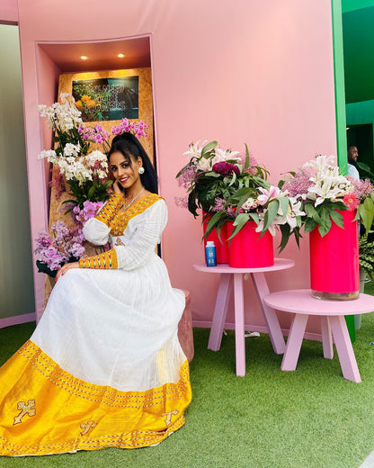 Yellow Woven Habesha Dress with V-Neckline Ethiopian Traditional Style