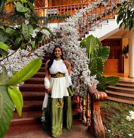White and Green Habesha Dress with Gold Embroidery Traditional Ethiopian Style