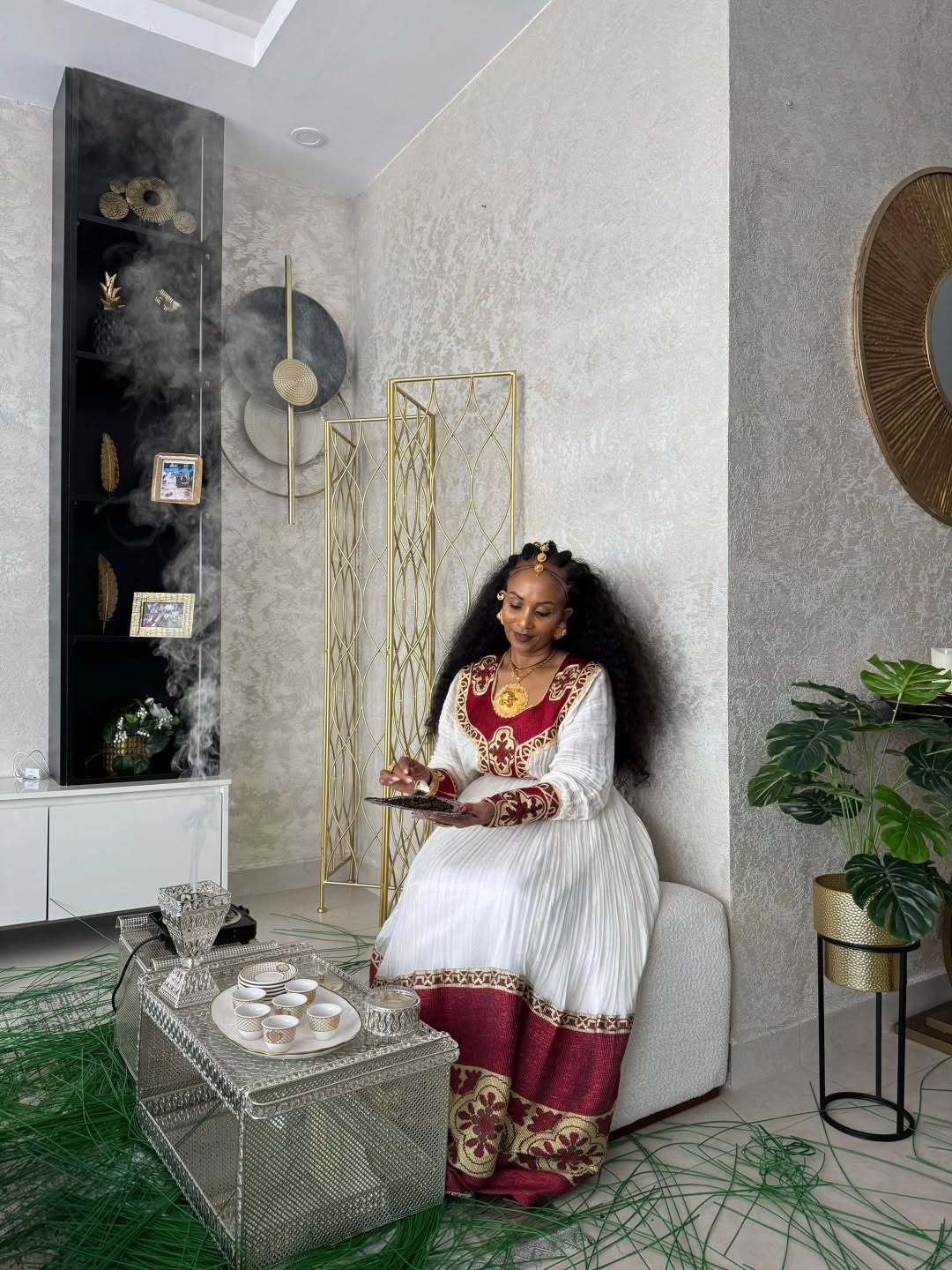 Burgundy and Gold Woven Long Sleeve Habesha Dress