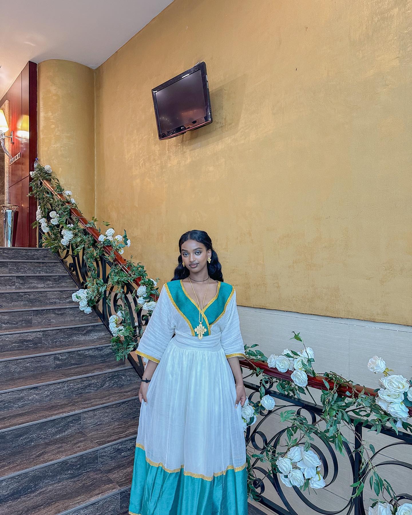 V-Neckline Golden and Green Habesha Kemis