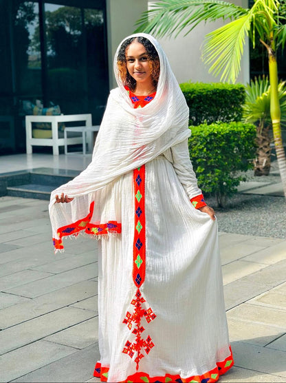 Red Embroidery Habesha Dress Long Sleeve Habesha Kemis