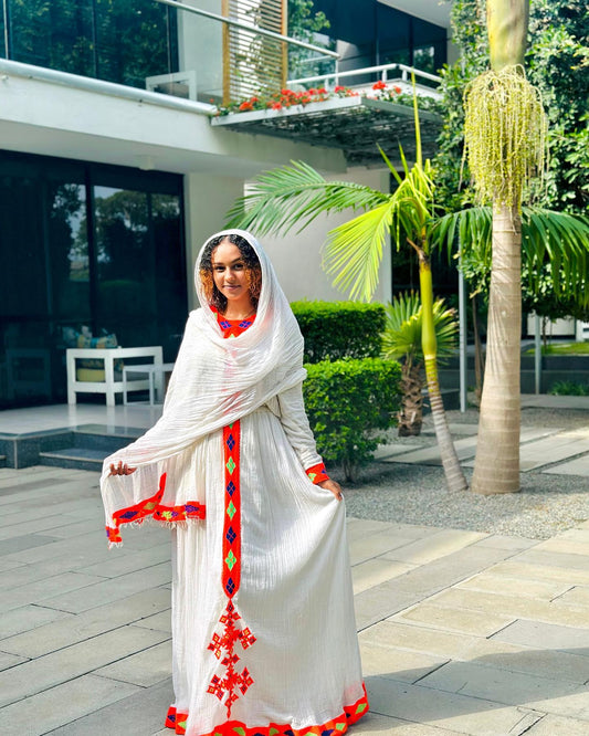 Red Embroidery Habesha Dress Long Sleeve Habesha Kemis