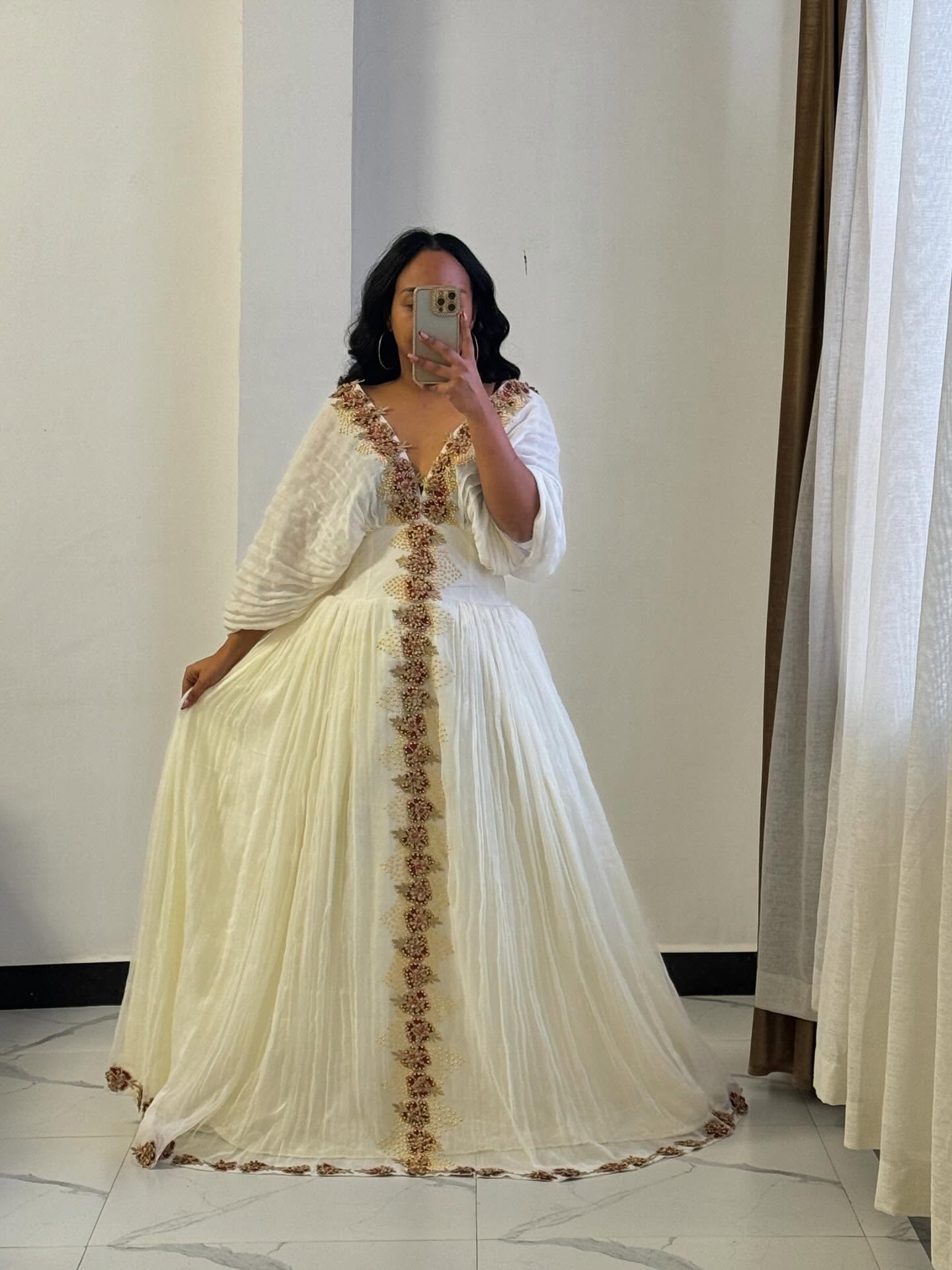 White Habesha Kemis with Golden Embroidery Traditional Ethiopian Dress Style Festive habesha Dress 523