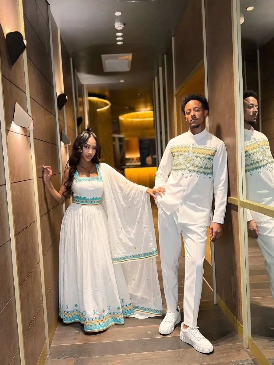 White Habesha Couple Outfit with Hand Woven Design