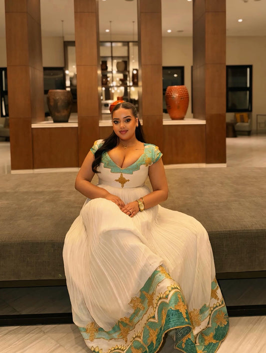 Short Sleeve Habesha Kemis with Traditional Cross Stitch