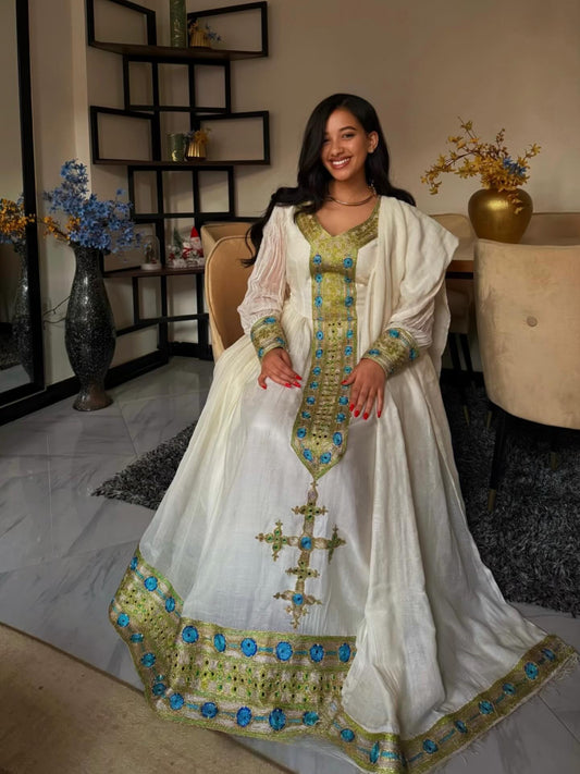 White Long Sleeve Habesha Kemis Traditional Ethiopian Dress
